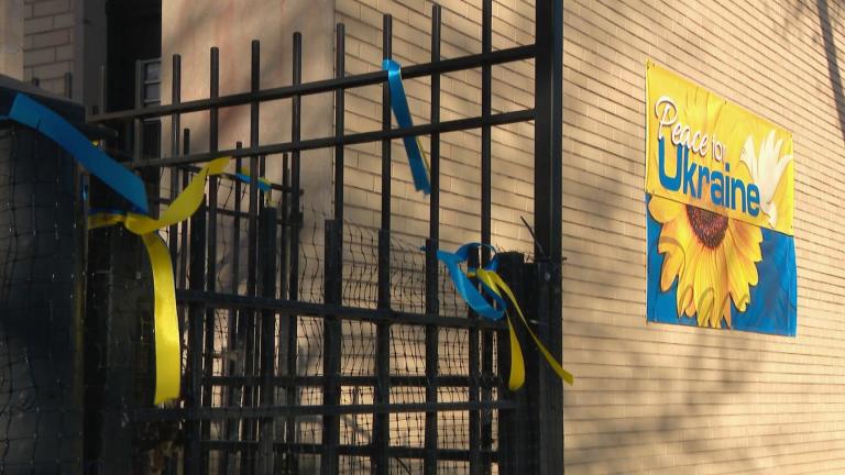 A sign in Ukrainian Village says "Peace for Ukraine." (WTTW News)