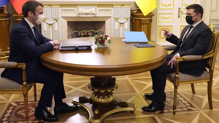 Ukrainian President Volodymyr Zelenskyy, right, meets French President Emmanuel Macron, Tuesday, Feb. 8, 2022 in Kyiv, Ukraine. (AP Photo / Thibault Camus, Pool)