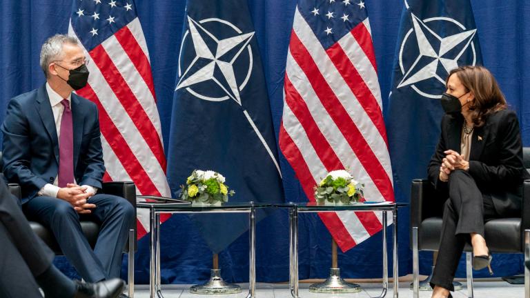Vice President Kamala Harris meets with NATO Secretary General Jens Stoltenberg, left, during the Munich Security Conference, Friday, Feb. 18, 2022, in Munich. (AP Photo / Andrew Harnik, Pool)