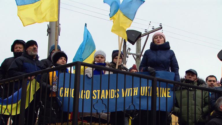 Chicago is home to America’s second-largest Ukrainian population and worried relatives and friends protested Russia’s invasion of Ukraine at a rally in Ukrainian Village, Feb. 24, 2022. (WTTW News)