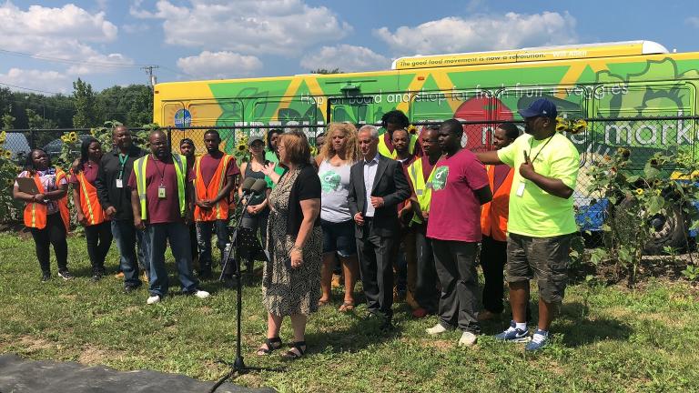 Ald. Susan Sadlowski Garza, 10th Ward, speaks during a press conference Wednesday at Urban Growers Collective's farm in South Chicago. (Alex Ruppenthal / Chicago Tonight)