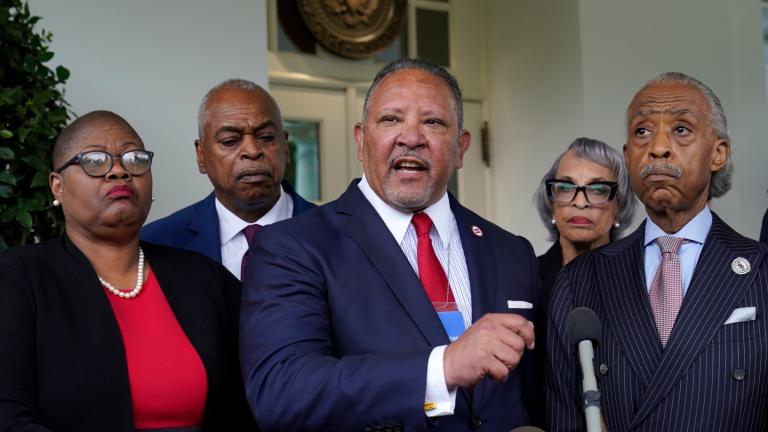 Marc Morial, center, President and Chief Executive Officer of the National Urban League, talks with reporters outside the West Wing of the White House in Washington, July 8, 2021, following a meeting with President Joe Biden and leadership of top civil rights organizations. (AP Photo / Susan Walsh, File)