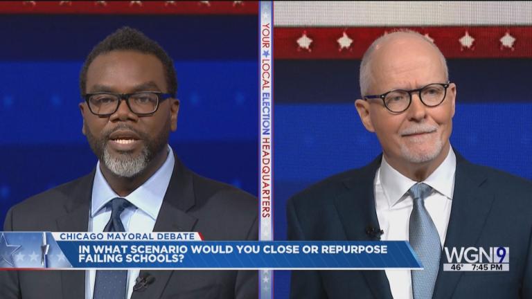 Chicago mayoral candidates Brandon Johnson and Paul Vallas face off in a debate hosted by WGN-TV. (WTTW News)