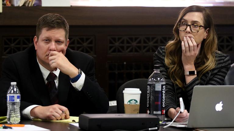 Chicago police Officer Jason Van Dyke and defense attorney Elizabeth Fleming listen to testimony Wednesday, Sept. 26, 2018 during the seventh day of the trial. (John J. Kim / Chicago Tribune / Pool) Chicago police Officer Jason Van Dyke and defense attorney Elizabeth Fleming listen to testimony Wednesday, Sept. 26, 2018 during the seventh day of the trial. (John J. Kim / Chicago Tribune / Pool)