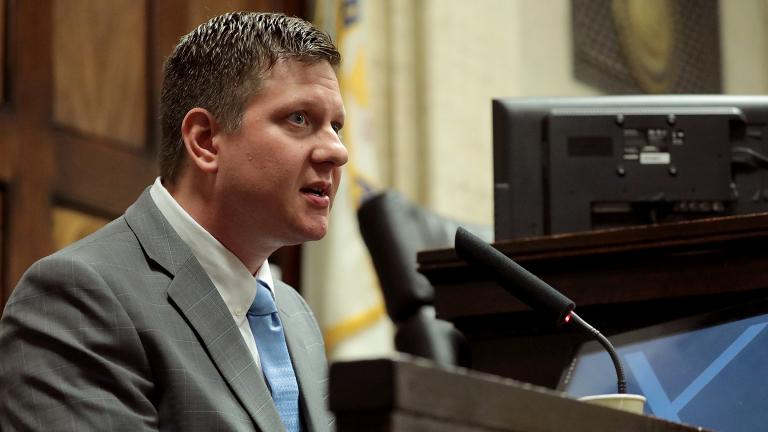Chicago police Officer Jason Van Dyke takes the stand on Tuesday, Oct. 2, 2018. (Antonio Perez / Chicago Tribune / Pool) 