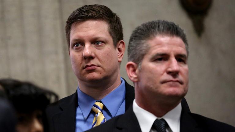 Jason Van Dyke, left, with his attorney Daniel Herbert inside the Leighton Criminal Court Building in Chicago on Thursday, March 8, 2018. (Nancy Stone / Chicago Tribune / Pool)