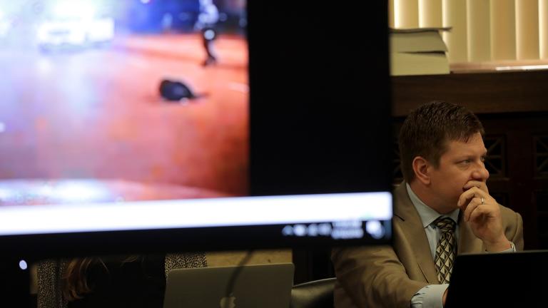Chicago police Officer Jason Van Dyke listens in as an image showing the shooting death of Laquan McDonald is displayed during the trial on Tuesday, Sept. 18, 2018. (Antonio Perez / Chicago Tribune / Pool) Chicago police Officer Jason Van Dyke listens in as an image showing the shooting death of Laquan McDonald is displayed during the trial on Tuesday, Sept. 18, 2018. (Antonio Perez / Chicago Tribune / Pool)