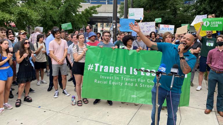 Ald. Andre Vasquez (40th) addresses a rally against IDOT and CDOT’s proposed overhaul of North DuSable Lake Shore Drive on Thursday, Aug. 8, 2024 at Truman College. (Nick Blumberg / WTTW News)