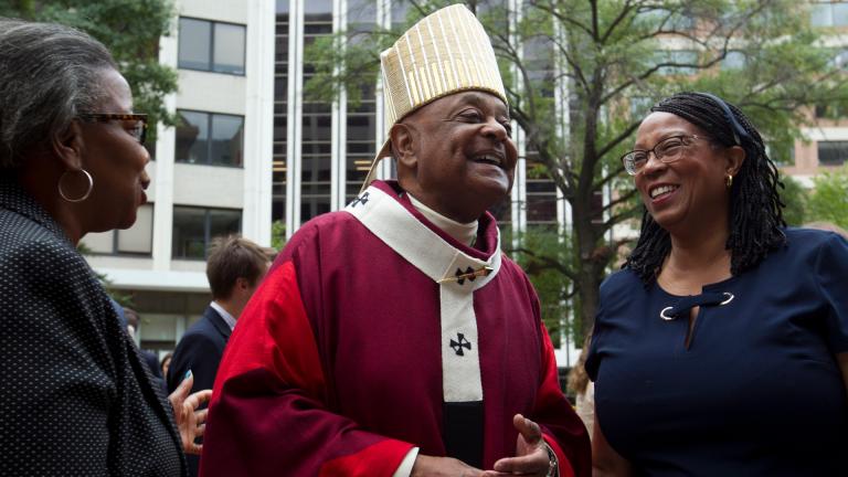 In this Sunday Oct. 6, 2019, file photo, Washington D.C. Archbishop Wilton Gregory greets churchgoers at St. Mathews Cathedral after the annual Red Mass in Washington. (AP Photo / Jose Luis Magana, File)
