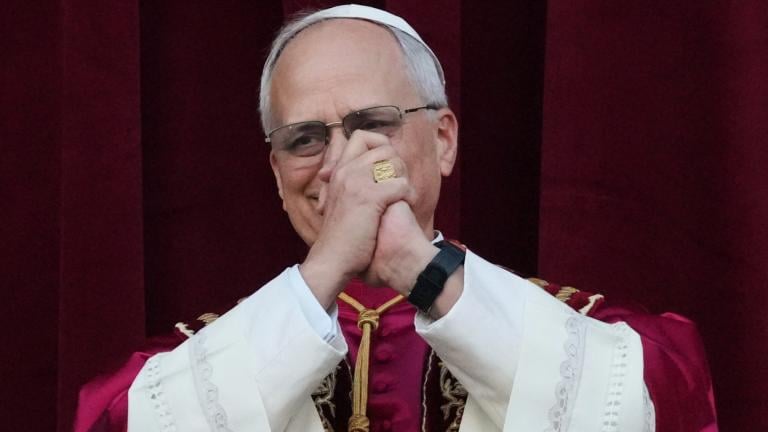 Newly elected Pope Leo XIV appears at the balcony of St. Peter's Basilica at the Vatican, Thursday, May 8, 2025. (AP Photo/Alessandra Tarantino)