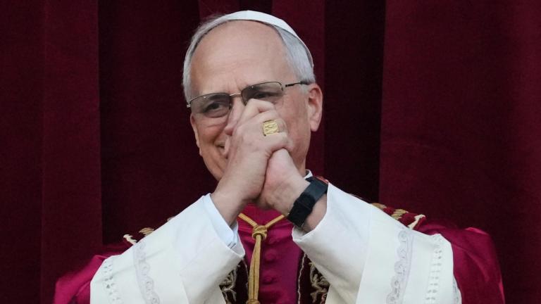Newly elected Pope Leo XIV appears at the balcony of St. Peter's Basilica at the Vatican, Thursday, May 8, 2025. (AP Photo/Alessandra Tarantino)