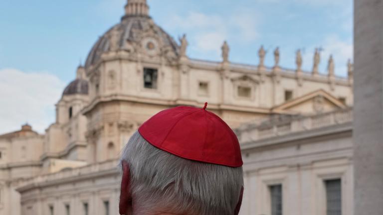 St Peter's Basilica is seen in the background as a cardinal arrives for a college of cardinals' meeting, at the Vatican, Monday, April 28, 2025. (AP Photo / Gregorio Borgia)