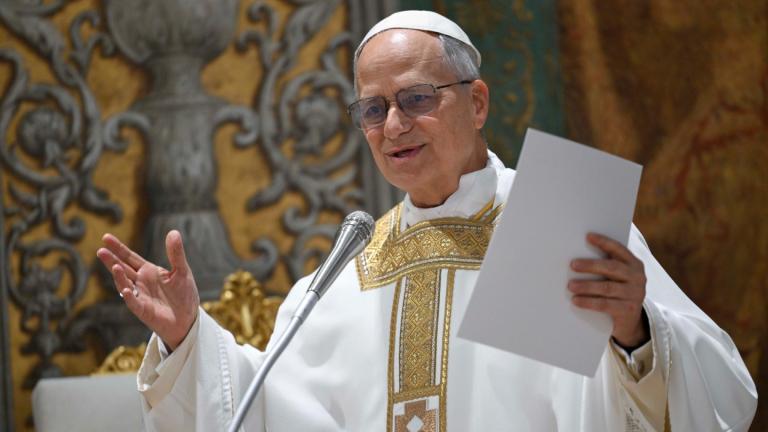 Newly elected Pope Leo XIV concelebrates Mass with the College of Cardinals inside the Sistine Chapel at the Vatican the day after his election as 267th pontiff of the Roman Catholic Church, Friday, May 9, 2025. (Vatican Media via AP)
