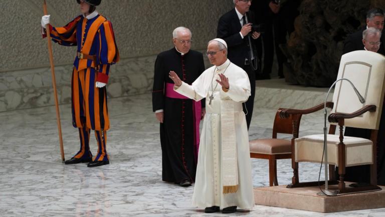 Pope Leo XIV meets with members of the international media in the Paul VI Hall at the Vatican, Monday, May 12, 2025. (AP Photo / Domenico Stinellis)