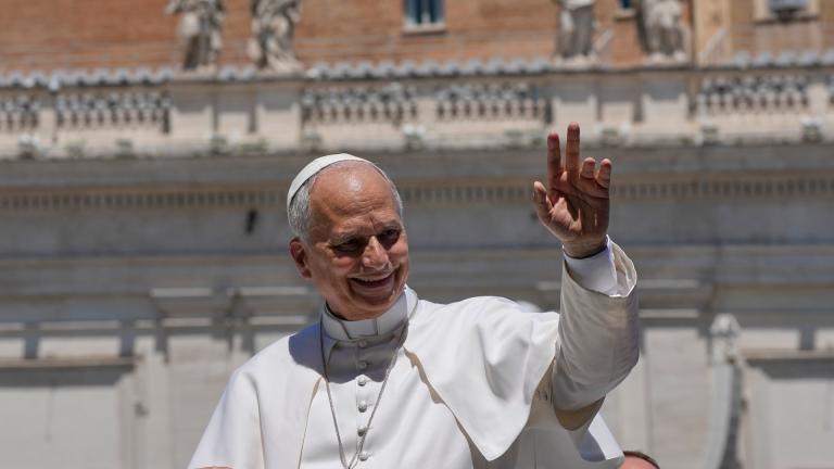 Pope Leo XIV waves as he leaves after his weekly general audience in St. Peter's Square at The Vatican, Wednesday, May 27, 2026. (AP Photo / Alessandra Tarantino)
