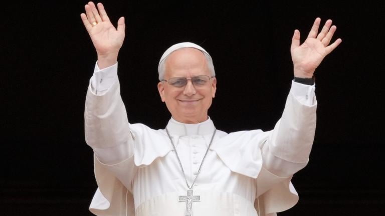Pope Leo XIV appears at the central balcony of St. Peter's Basilica for his first Sunday blessing after his election, in St. Peter's Square at the Vatican, May 11, 2025. (AP Photo / Gregorio Borgia, File)