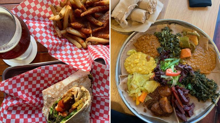 Vegan seitan doner kebab wrap and curry fries at DMen Tap, left, and vegan bayanetu at Demera. (Eunice Alpasan / WTTW News)