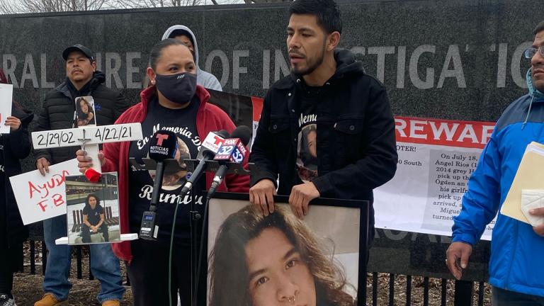 Victor Chihuake asks for the FBI to investigate the unsolved homicide of his cousin Ramiro Morales Jr. during a rally outside the Chicago FBI field office on March 22, 2022. (Joanna Hernandez / WTTW News)