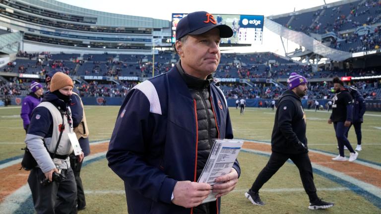 Chicago Bears head coach Matt Eberflus walks off the field after an NFL football game against the Minnesota Vikings, Sunday, Jan. 8, 2023, in Chicago. The Vikings won 29-13. (AP Photo / Nam Y. Huh)