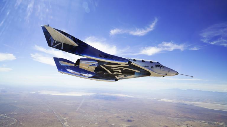 This May 29, 2018 photo made available by Virgin Galactic shows the company’s VSS Unity on its second supersonic flight. (Virgin Galactic via AP)