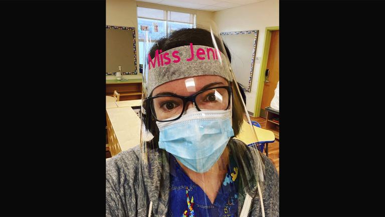 This undated photo shows special education teacher Jennifer Graves, at Dr. Reginald Mayo Early Childhood School, in New Haven, Conn. When her classroom aide didn't show up for work and no substitutes were available for the day because staffing levels have been decimated by the surge in COVID-19 infections, she borrowed paraprofessionals from other classrooms for short stretches to get through. (Courtesy Jennifer Graves via AP)