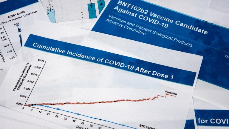 Documents created by Pfizer for the meeting with the Food and Drug Administration advisory panel, as Pfizer seeks approval for emergency use of their COVID-19 vaccine, are seen on Thursday, Dec. 10, 2020. (AP Photo / Jon Elswick)