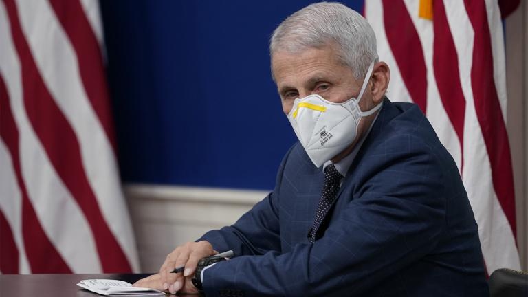Dr. Anthony Fauci, the top U.S. infectious disease expert, wears a face mask during the White House COVID-19 Response Team's regular call with the National Governors Association in the South Court Auditorium in the Eisenhower Executive Office Building on the White House Campus, Monday, Dec. 27, 2021, in Washington. (AP Photo / Carolyn Kaster) 