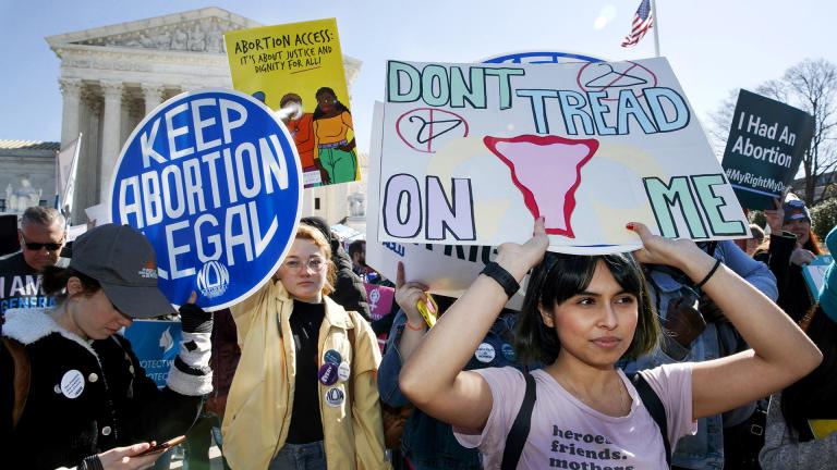 In this Wednesday, March 4, 2020 file photo, abortion rights demonstrators including Jaylene Solache, of Dallas, Texas, right, rally outside the Supreme Court in Washington. (AP Photo / Jacquelyn Martin)
