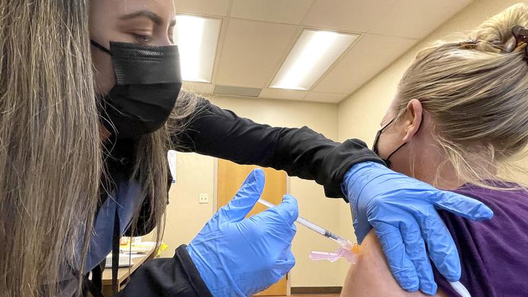 Nurse Jennifer Ulloa administers a COVID-19 vaccine Tuesday, July 27, 2021, at the county’s vaccination clinic in Whispering Pines, Calif. (Elias Funez / The Union via AP)