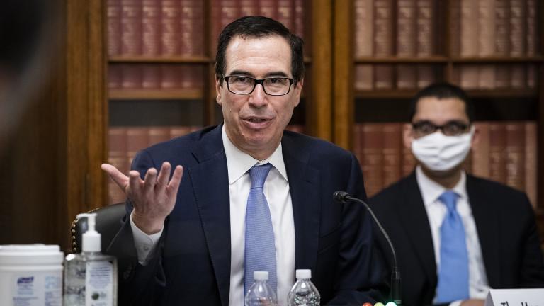 Treasury Secretary Steven Mnuchin speaks during a Senate Small Business and Entrepreneurship hearing to examine implementation of Title I of the CARES Act, Wednesday, June 10, 2020 on Capitol Hill in Washington. (Al Drago / Pool via AP)