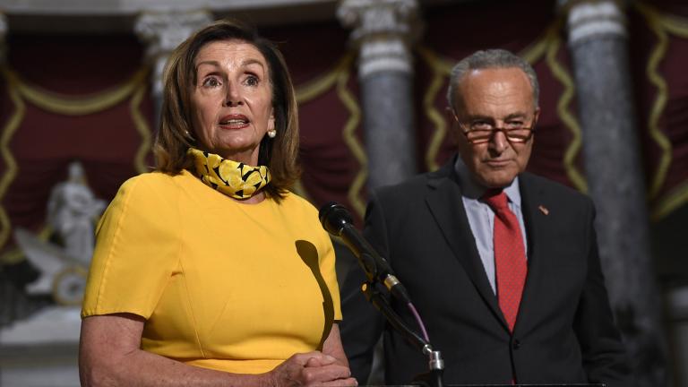 House Speaker Nancy Pelosi of Calif., left, speaks as she stands next to Senate Minority Leader Sen. Chuck Schumer of N.Y., right, on Capitol Hill in Washington, Monday, Aug. 3, 2020. (AP Photo / Susan Walsh)