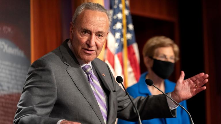 Senate Minority Leader Sen. Chuck Schumer of N.Y., left, with Sen. Elizabeth Warren, D-Mass., speaks during a news conference, Wednesday, Sept. 9, 2020, on Capitol Hill in Washington. (AP Photo / Jacquelyn Martin)