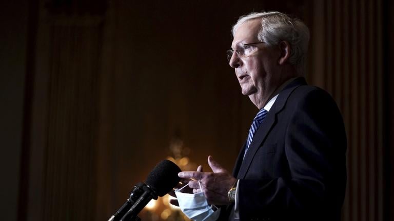 Senate Majority Leader Mitch McConnell of Kentucky talks during a news conference Tuesday, Dec. 8, 2020, on Capitol Hill in Washington. (Greg Nash / Pool via AP)