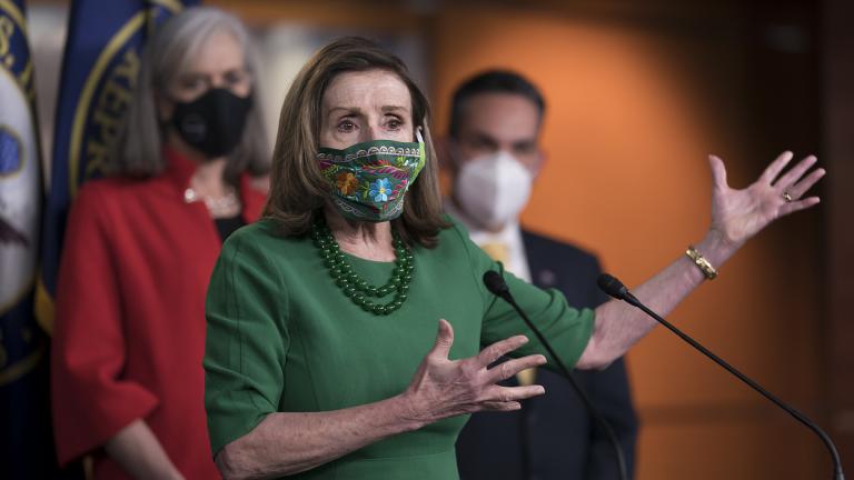 Speaker of the House Nancy Pelosi, D-Calif., meets with reporters before the House votes to pass a $1.9 trillion pandemic relief package, during a news conference at the Capitol in Washington, Friday, Feb. 26, 2021. Pelosi is flanked by Rep. Katherine Clark, D-Mass., left, and Rep. Pete Aguilar, D-Calif. (AP Photo / J. Scott Applewhite) Speaker of the House Nancy Pelosi, D-Calif., meets with reporters before the House votes to pass a $1.9 trillion pandemic relief package, during a news conference at the Capitol in Washington, Friday, Feb. 26, 2021. Pelosi is flanked by Rep. Katherine Clark, D-Mass., left, and Rep. Pete Aguilar, D-Calif. (AP Photo / J. Scott Applewhite)