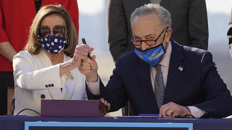 House Speaker Nancy Pelosi of Calif., and Senate Majority Leader Chuck Schumer of N.Y., pose after signing the $1.9 trillion COVID-19 relief bill during an enrollment ceremony on Capitol Hill, Wednesday, March 10, 2021, in Washington. (AP Photo / Alex Brandon)