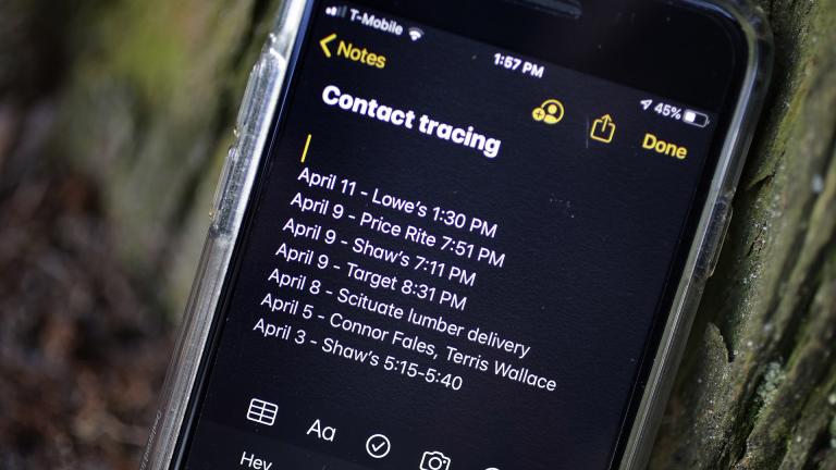 A smartphone belonging to Drew Grande, 40, of Cranston, R.I., shows notes he made for contact tracing Wednesday, April 15, 2020. (AP Photo / Steven Senne)