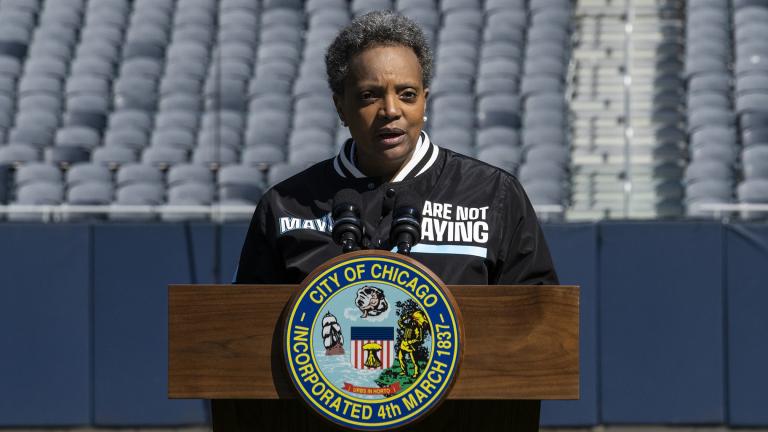 Mayor Lori Lightfoot announces the “We Are Not Playing” campaign during a press conference at Soldier Field, Monday morning, April 6, 2020, in Chicago.(Ashlee Rezin Garcia / Chicago Sun-Times via AP)