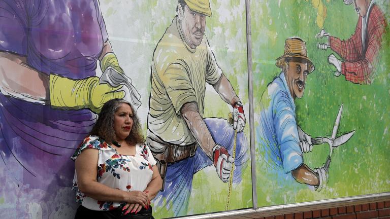 In this March 31, 2020, photo, Maria Zamorano poses for portrait inside of a job placement center in Pasadena, Calif. (AP Photo / Marcio Jose Sanchez)