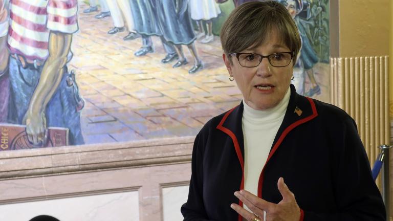 Kansas Gov. Laura Kelly answers questions from reporters about the coronavirus pandemic after a meeting with legislative leaders, Thursday, July 2, 2020, at the Statehouse in Topeka, Kan. (AP Photo / John Hanna)