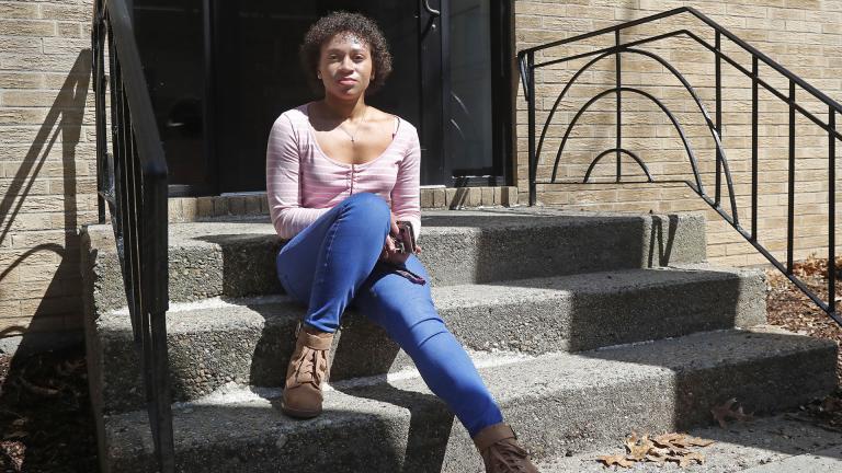 Jade Brooks at her apartment, Tuesday, March 31, 2020, in Boston. (AP Photo / Elise Amendola)