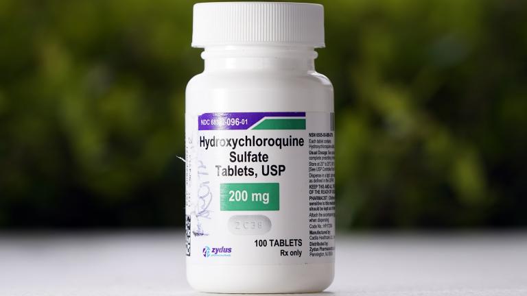 This April 7, 2020 file photo shows a bottle of hydroxychloroquine tablets in Texas City, Texas. (AP Photo / David J. Phillip, File)