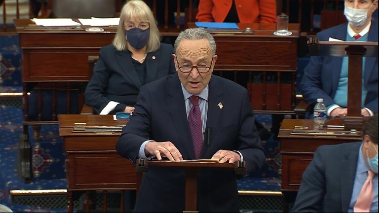 In this image from video, Senate Majority Leader Chuck Schumer of N.Y., speaks before the final vote on the Senate version of the COVID-19 relief bill in the Senate at the U.S. Capitol in Washington, Saturday, March 6, 2021. (Senate Television via AP, File)