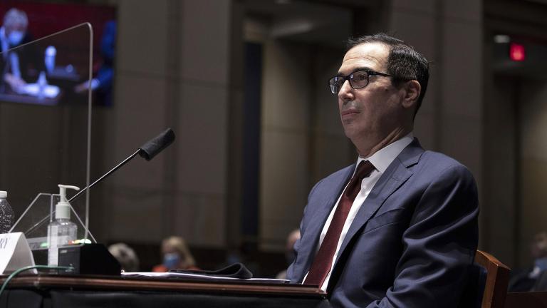 In this June 30, 2020 file photo, Treasury Secretary Steven Mnuchin testifies during a House Financial Services Committee hearing on the coronavirus response on Capitol Hill in Washington. (Tasos Katopodis / Pool via AP, File)