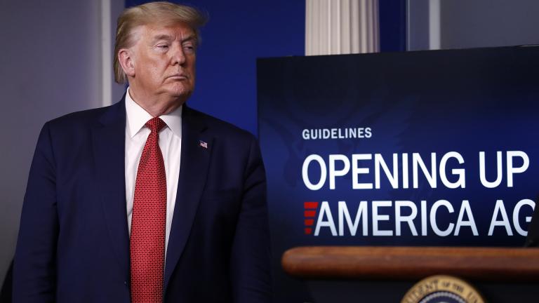 President Donald Trump listens during a briefing about the coronavirus in the James Brady Press Briefing Room of the White House, Thursday, April 16, 2020, in Washington. (AP Photo / Alex Brandon)