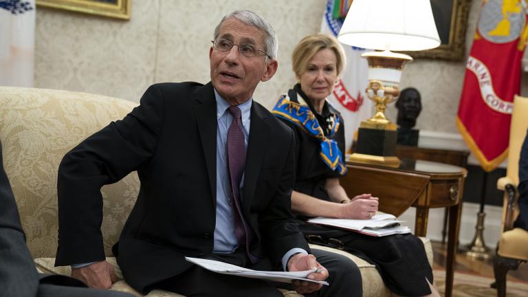 White House coronavirus response coordinator Dr. Deborah Birx listens as director of the National Institute of Allergy and Infectious Diseases Dr. Anthony Fauci speaks during a meeting between President Donald Trump and Gov. John Bel Edwards, D-La., about the coronavirus response, in the Oval Office of the White House, Wednesday, April 29, 2020, in Washington. (AP Photo / Evan Vucci)