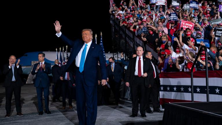 President Donald Trump arrives for a campaign rally at Harrisburg International Airport, Saturday, Sept. 26, 2020, in Middletown, Pa. (AP Photo / Evan Vucci)