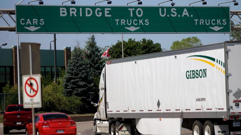 In this Friday June 15, 2012 file photo, Motorists make their way to Ambassador Bridge connecting Canada to the United States in Windsor, Ontario. (Mark Spowart / The Canadian Press via AP, File)