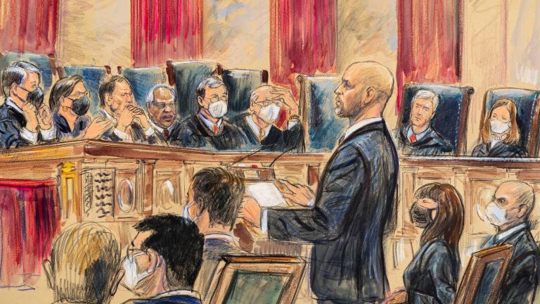 This artist sketch depicts lawyer Scott Keller standing to argue on behalf of more than two dozen business groups seeking an immediate order from the Supreme Court to halt a Biden administration order to impose a vaccine-or-testing requirement on the nation’s large employers during the COVID-19 pandemic, at the Supreme Court in Washington, Friday, Jan. 7, 2022. Solicitor General Elizabeth Prelogar, the Biden administration’s top Supreme Court lawyer, is seated at right. (Dana Verkouteren via AP)