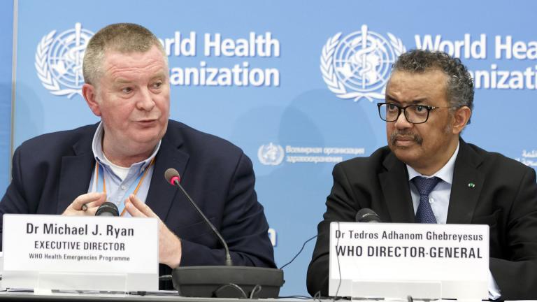 In this Monday, Feb. 24, 2020 file photo, Michael Ryan, left, Executive Director of WHO's Health Emergencies program, next to Tedros Adhanom Ghebreyesus, right, Director General of the World Health Organization (WHO), addresses a press conference about the update on COVID-19 at the World Health Organization headquarters in Geneva, Switzerland. (Salvatore Di Nolfi / Keystone via AP, File)