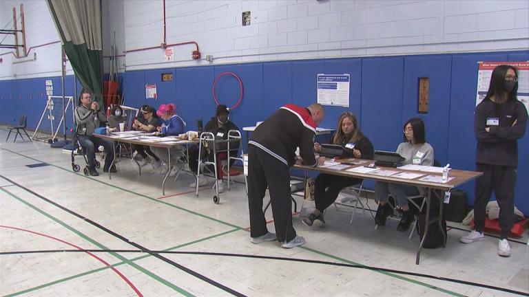 Voters cast their ballots on Election Day on Feb. 28. 2023, at Healy Elementary School, 3040 S. Parnell Ave. (WTTW News)